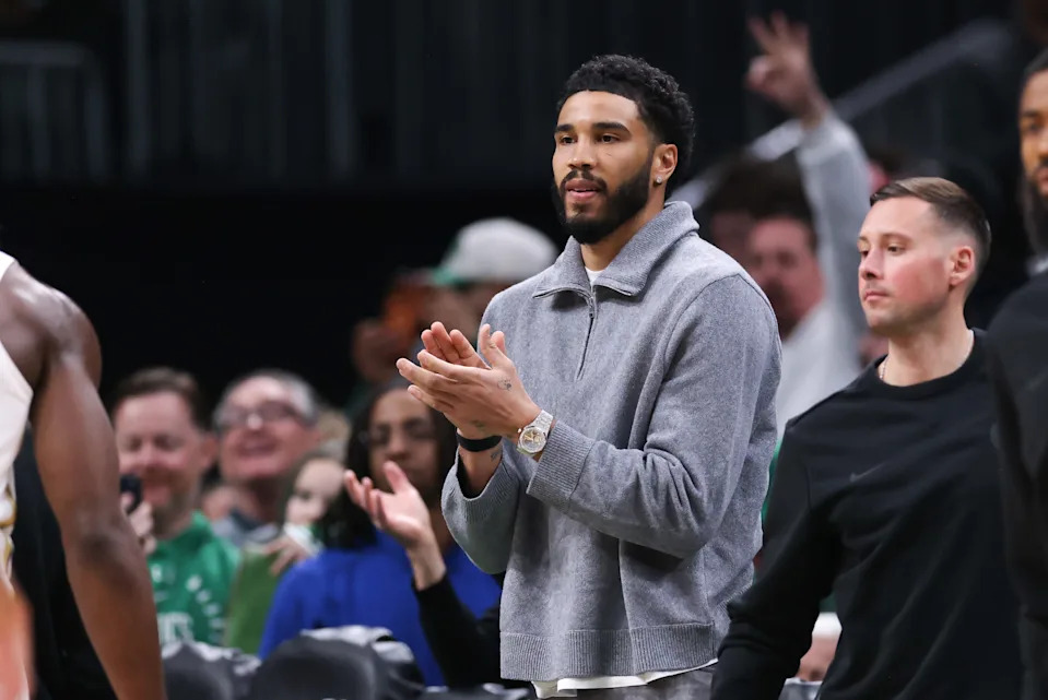 Mar 1, 2026; Boston, Massachusetts, USA; Boston Celtics forward Jayson Tatum (0) reacts during the first half against the Philadelphia 76ers at TD Garden. Mandatory Credit: Paul Rutherford-Imagn Images