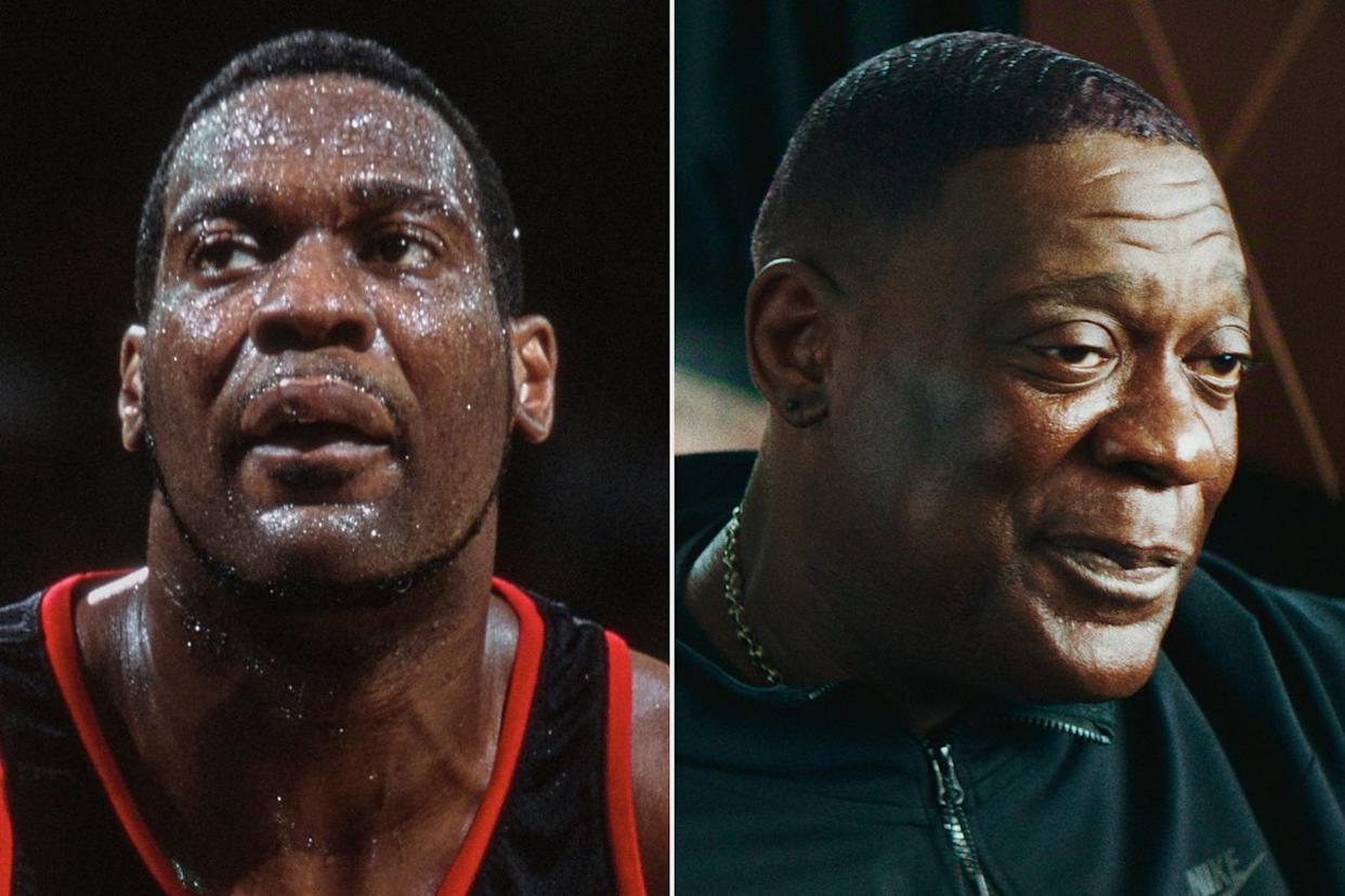 Shawn Kemp #40 of the Portland Trail Blazers on December 12th, 2000 in Oakland, California; Shawn Kemp in Untold: Jail Blazers.Credit: Jed Jacobsohn/Getty; Courtesy of Netflix