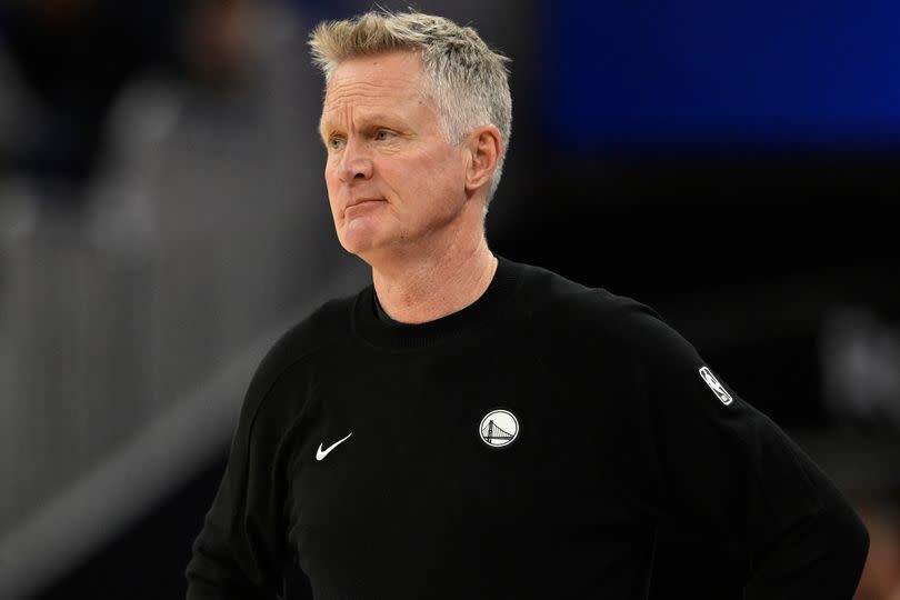 Head coach Steve Kerr of the Golden State Warriors looks on against the Washington Wizards in the fourth quarter at Chase Center on March 27, 2026 in San Francisco, California