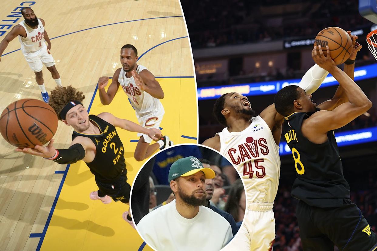 An image collage containing 3 images, Image 1 shows A Golden State Warriors player jumps for a layup against the Cleveland Cavaliers, Image 2 shows Golden State Warriors player Donte DiVincenzo attempts a layup while being defended by Cleveland Cavaliers player Donovan Mitchell, Image 3 shows Stephen Curry, Kris Weems, and Jerry Stackhouse sitting on the bench