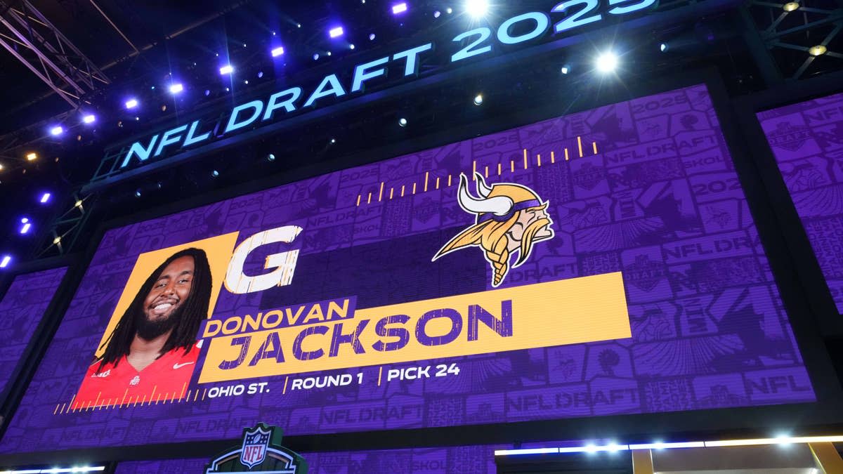 Apr 24, 2025; Green Bay, WI, USA; Ohio State Buckeyes guard Donovan Jackson is selected as the No. 24 pick by the Minnesota Vikings during the NFL Draft at Lambeau Field.Kirby Lee-Imagn Images