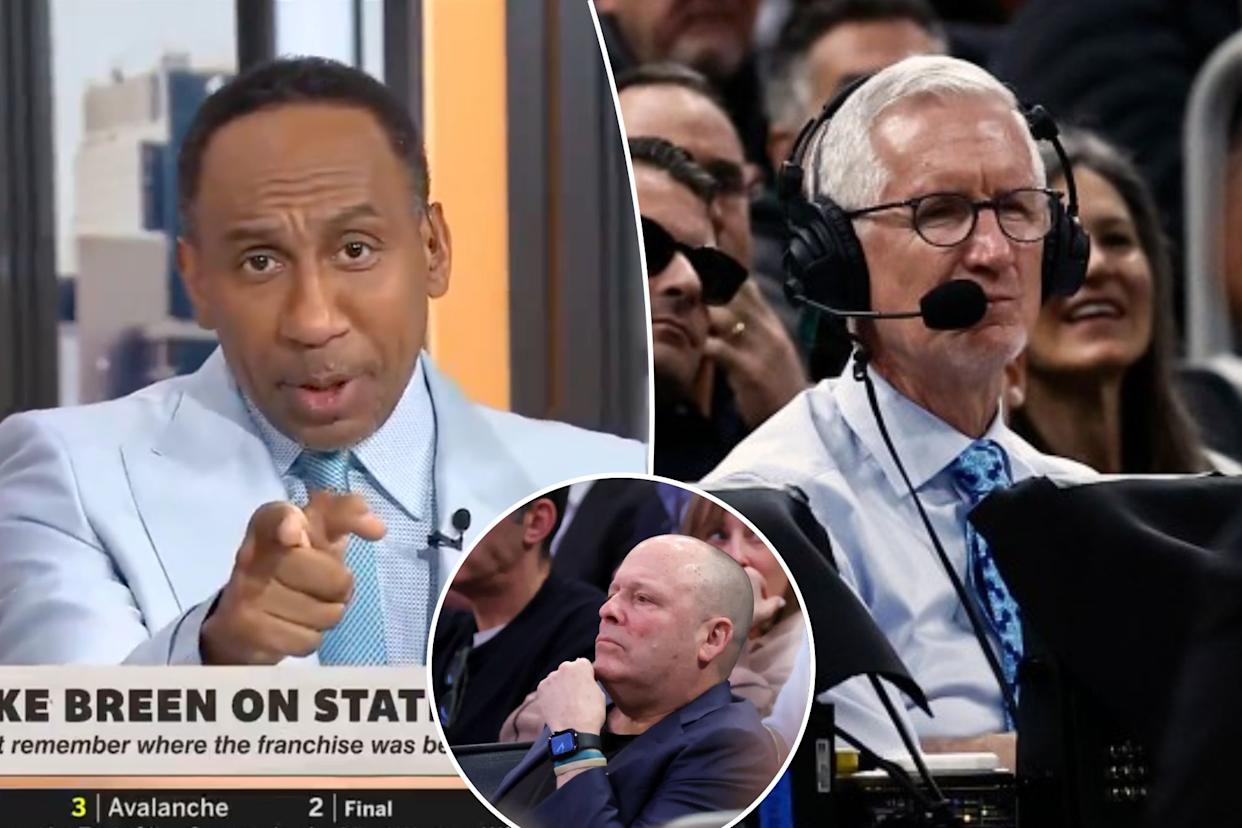 An image collage containing 3 images, Image 1 shows stephen a smith bashes mike breen's knicks defense, Image 2 shows ESPN/ABC basketball announcers Doris Burke and Mike Breen during the second quarter of the game between the Boston Celtics and the Denver Nuggets at TD Garden on March 2, 2025 , Image 3 shows New York Knicks president Leon Rose watching gameplay
