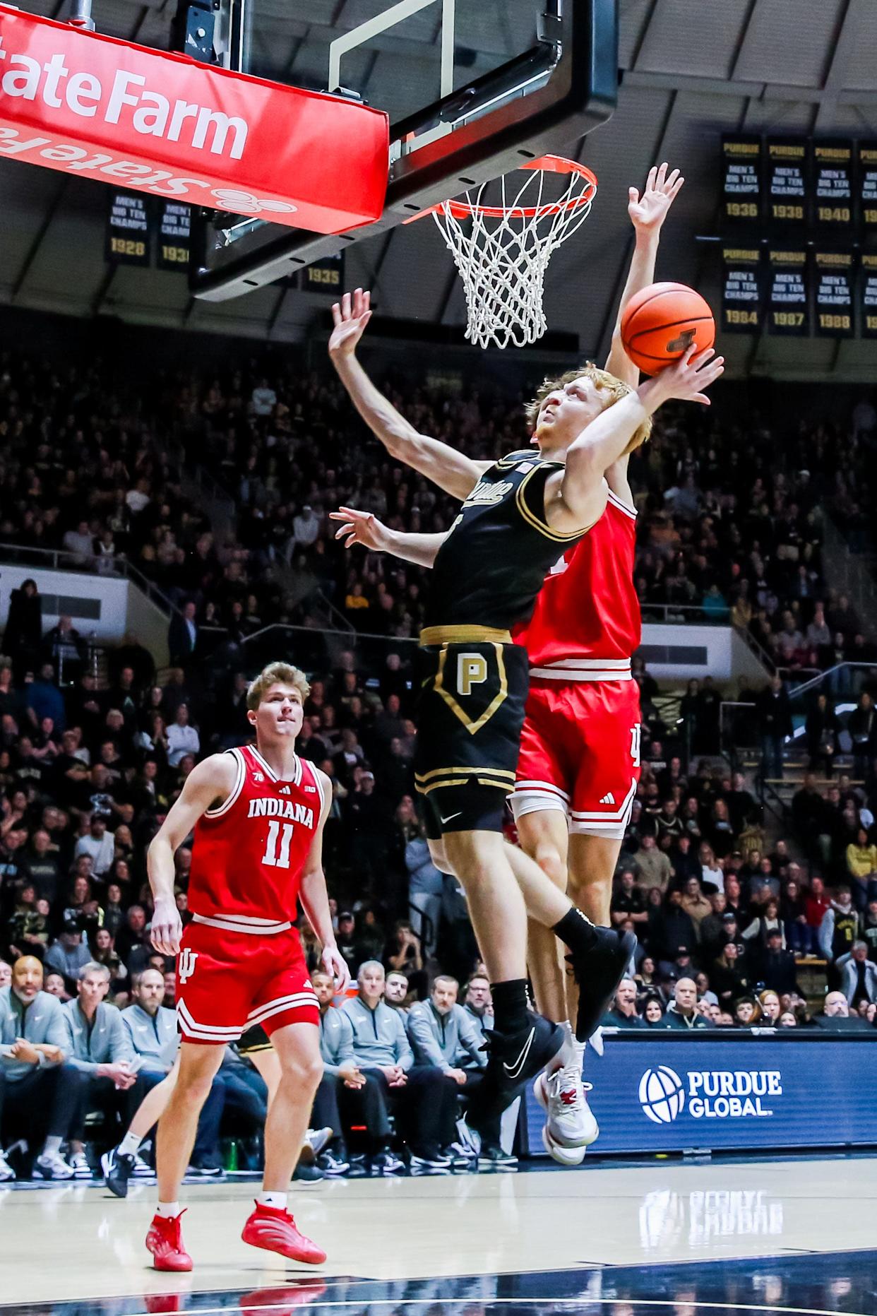 Aaron Fine finishes a layup in the final minute of the game during the second half of Purdue's game against IU on Feb. 20, 2026 at Mackey Arena in West Lafayette, IN.