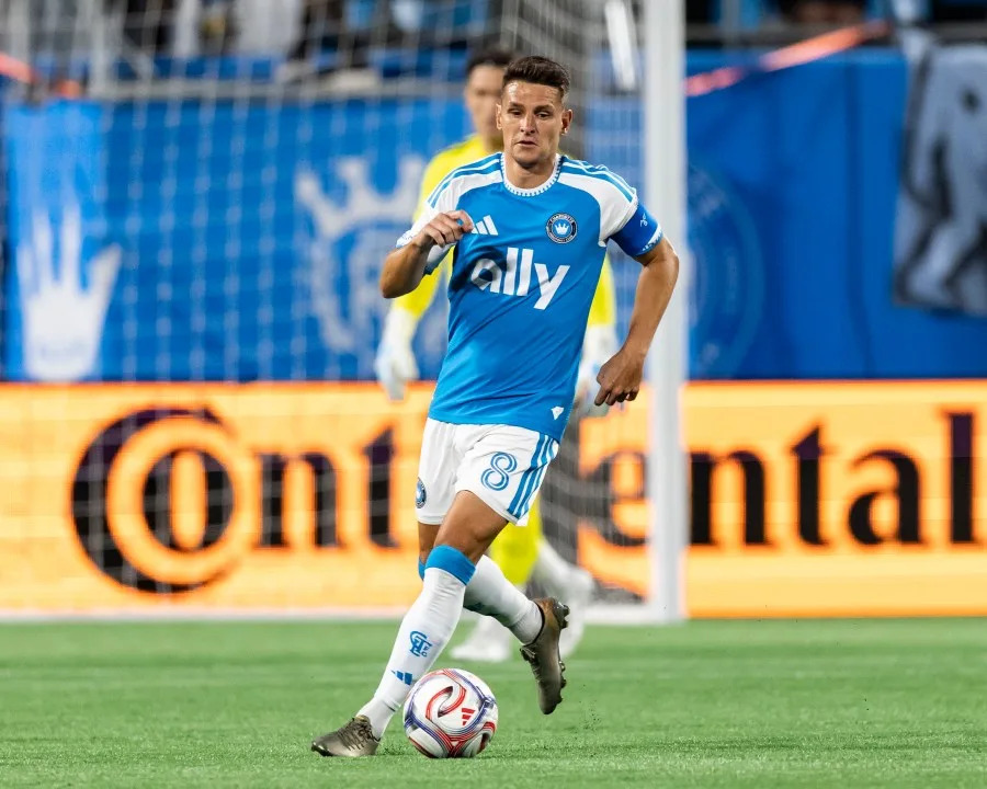 CHARLOTTE, NORTH CAROLINA – APRIL 4: Ashley Westwood #8 of the Charlotte FC moves with the ball during the match between Charlotte FC and Philadelphia Union at Bank of America Stadium on April 4, 2026 in Charlotte, North Carolina. (Photo by Steve Limentani/ISI Photos/ISI Photos via Getty Images)