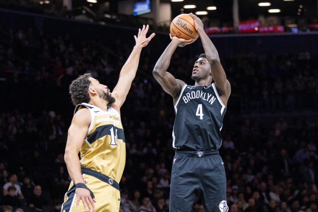 Drake Powell (4) shoots one Washington Wizards forward Anthony Gill (16) during the first half at Barclays Center, Sunday, April 5, 2026, in Brooklyn, NY. Corey Sipkin for the NY POST