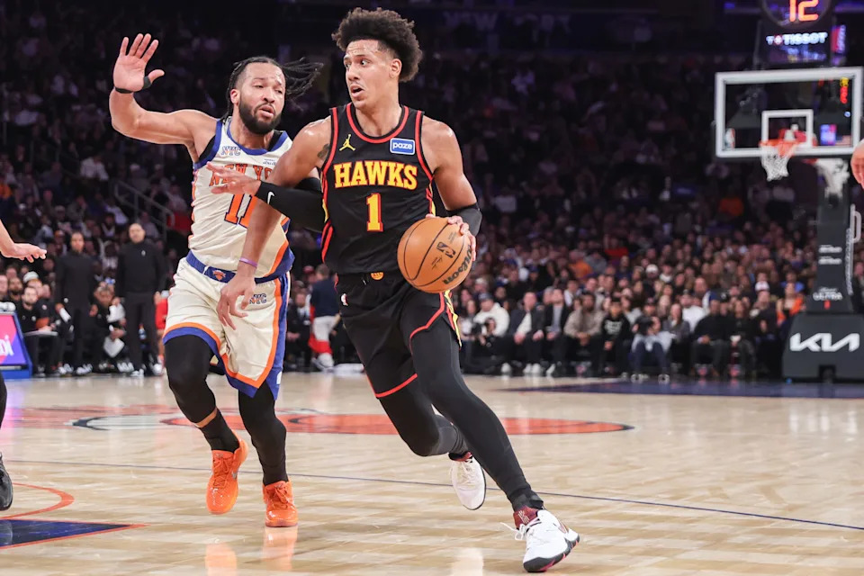 JAtlanta Hawks forward Jalen Johnson (1) drives past New York Knicks guard Jalen Brunson (11) during a game at Madison Square Garden on Jan. 2, 2026