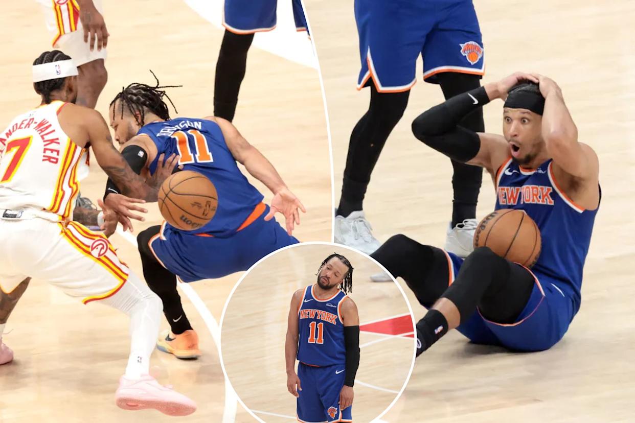 An image collage containing 3 images, Image 1 shows New York Knicks guard Jalen Brunson (11) looses the ball to Atlanta Hawks guard Nickeil Alexander-Walker (7) during the fourth quarter, Image 2 shows New York Knicks guard Josh Hart (3) reacts after he is called for a foul during the fourth quarter, Image 3 shows Jalen Brunson (11) reacts on the court during the third quarter