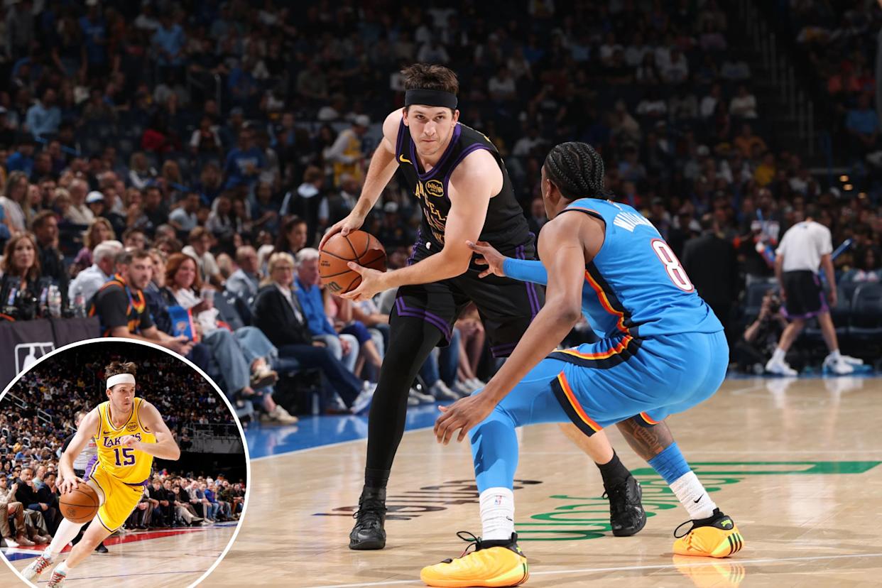 An image collage containing 2 images, Image 1 shows Austin Reaves of the Los Angeles Lakers handles the ball against the Oklahoma City Thunder, Image 2 shows Austin Reaves of the Los Angeles Lakers drives to the basket