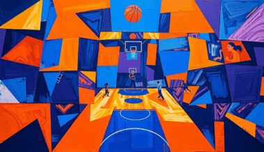 A cubist, geometric painting depicting a basketball game or competition, with overlapping planes of royal blue, bright orange, and deep purple shapes, conveying the complex decisions facing the Sacramento Kings this offseason.