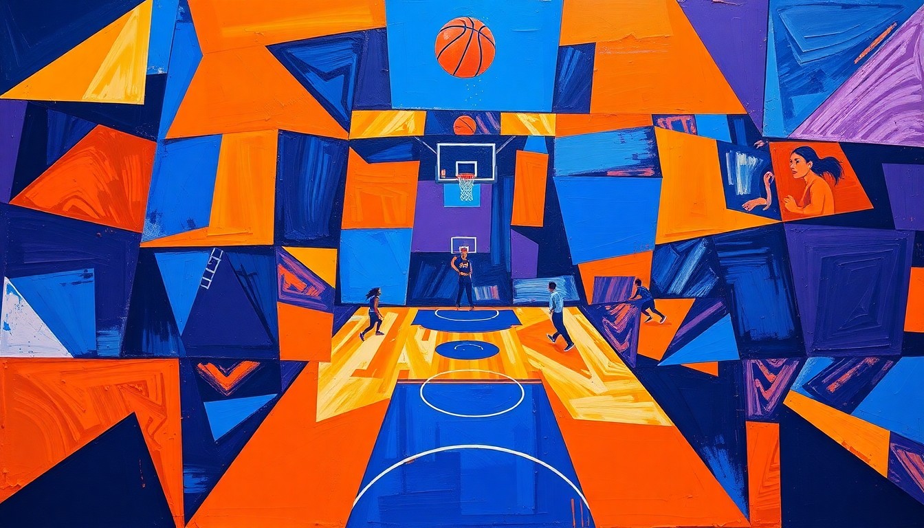 A cubist, geometric painting depicting a basketball game or competition, with overlapping planes of royal blue, bright orange, and deep purple shapes, conveying the complex decisions facing the Sacramento Kings this offseason.