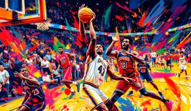 An abstract, expressionist painting in vibrant neon colors depicting the intense action and energy of an NBA basketball game, with players