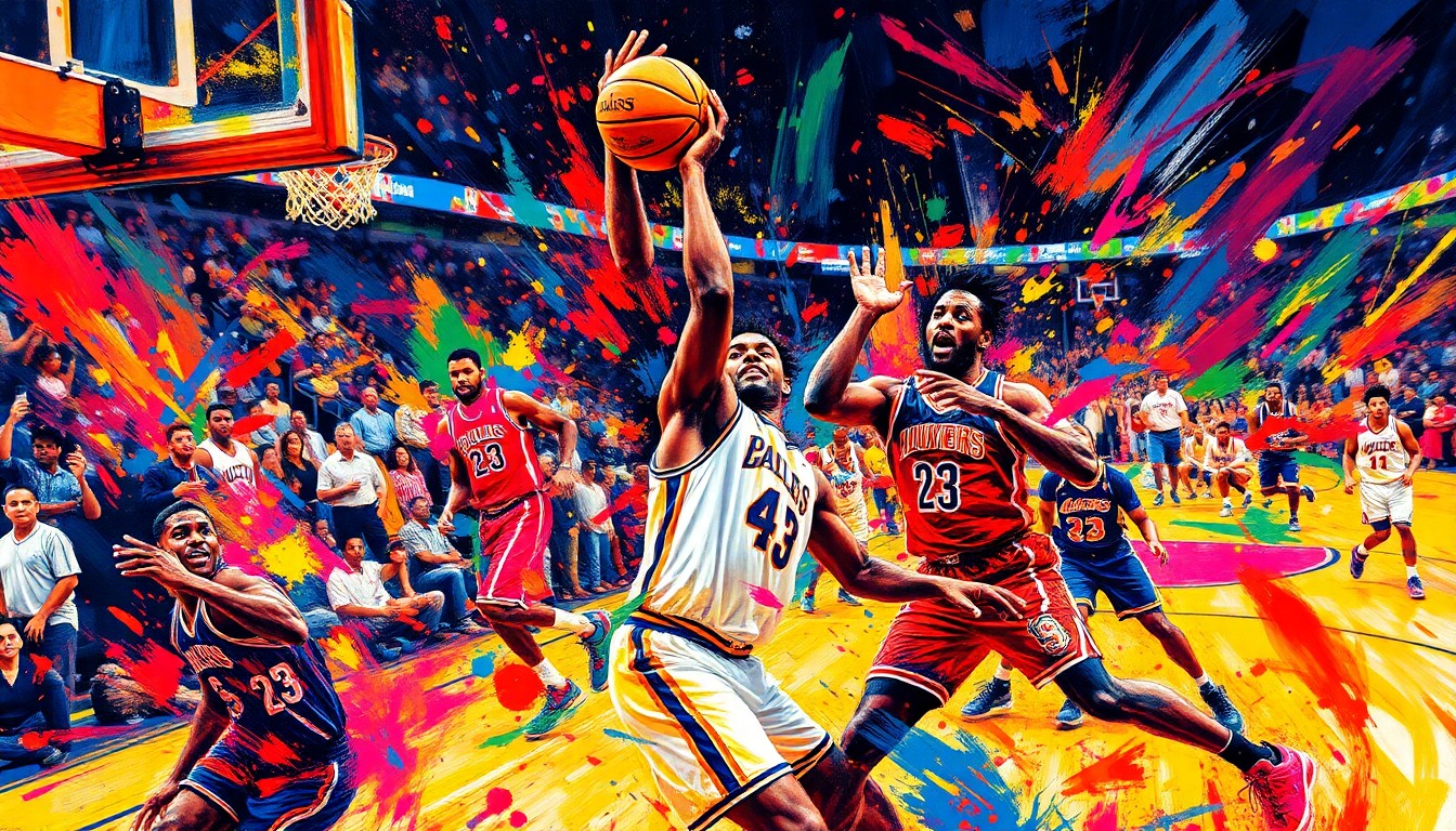An abstract, expressionist painting in vibrant neon colors depicting the intense action and energy of an NBA basketball game, with players
