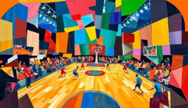 A cubist, geometric painting depicting the dynamic action of a basketball game, with sharp, overlapping shapes in the team colors of the Timberwolves and Mavericks.