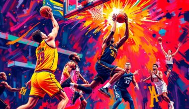 A dynamic, neon-colored abstract painting depicting the fluid, energetic movements of basketball players in action, conceptually representing the Suns