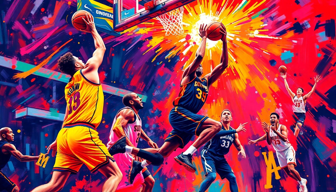 A dynamic, neon-colored abstract painting depicting the fluid, energetic movements of basketball players in action, conceptually representing the Suns