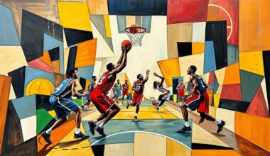 A cubist, geometric painting depicting the dynamic motion of a basketball game, with players
