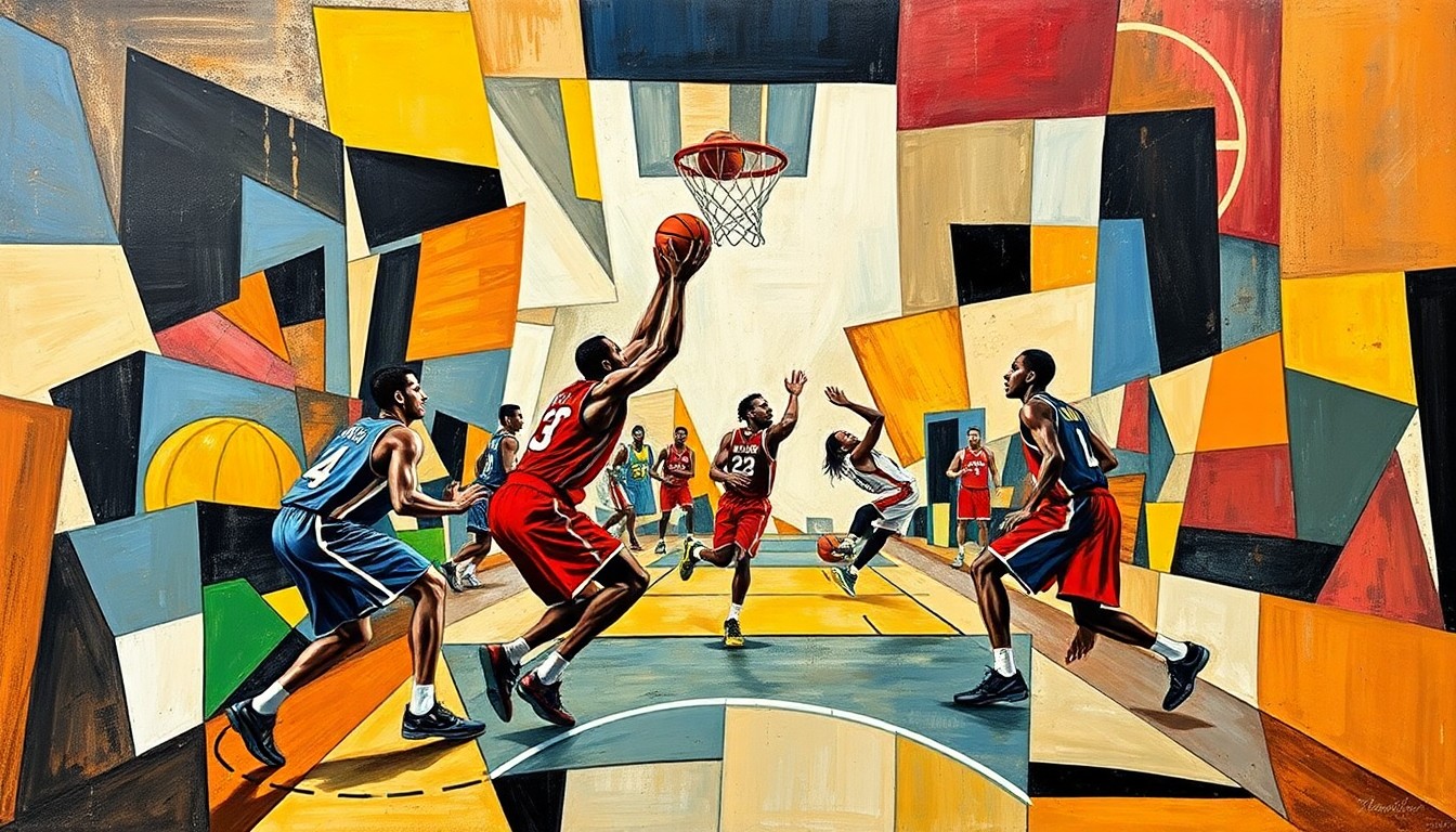A cubist, geometric painting depicting the dynamic motion of a basketball game, with players