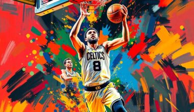 An abstract, expressionist painting depicting the dynamic movement and energy of a basketball player driving to the hoop, with vibrant neon colors and loose, energetic brushstrokes.