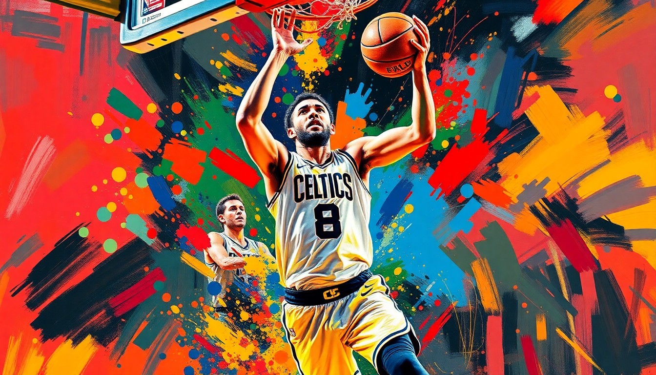 An abstract, expressionist painting depicting the dynamic movement and energy of a basketball player driving to the hoop, with vibrant neon colors and loose, energetic brushstrokes.