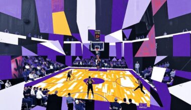 A fractured, cubist-style painting depicting the dynamic movements and energy of a basketball game, with sharp geometric shapes and planes in the official colors of the Sacramento Kings.