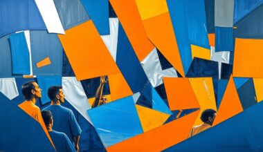 A fragmented, cubist-style painting depicting a basketball coaching scene, with sharp geometric shapes and planes in shades of blue, orange, and silver, conceptually representing the multi-faceted dynamics behind Izzo