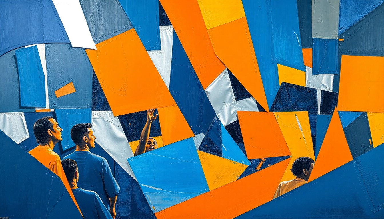 A fragmented, cubist-style painting depicting a basketball coaching scene, with sharp geometric shapes and planes in shades of blue, orange, and silver, conceptually representing the multi-faceted dynamics behind Izzo