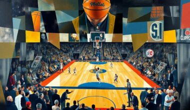 A fragmented, geometric painting depicting the dynamic action of a basketball game, with players and the court deconstructed into overlapping angular shapes and planes in a cubist style.