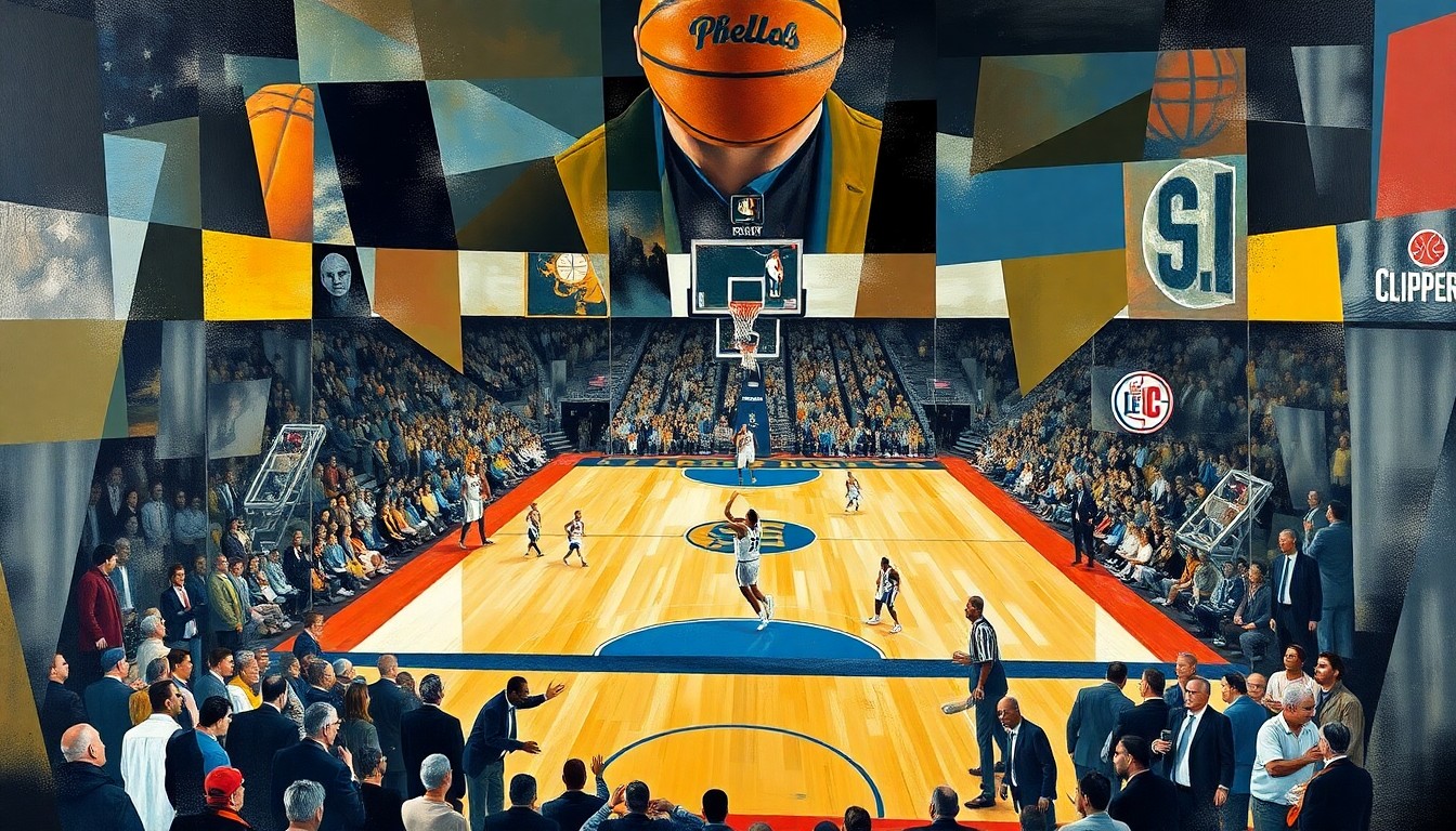A fragmented, geometric painting depicting the dynamic action of a basketball game, with players and the court deconstructed into overlapping angular shapes and planes in a cubist style.
