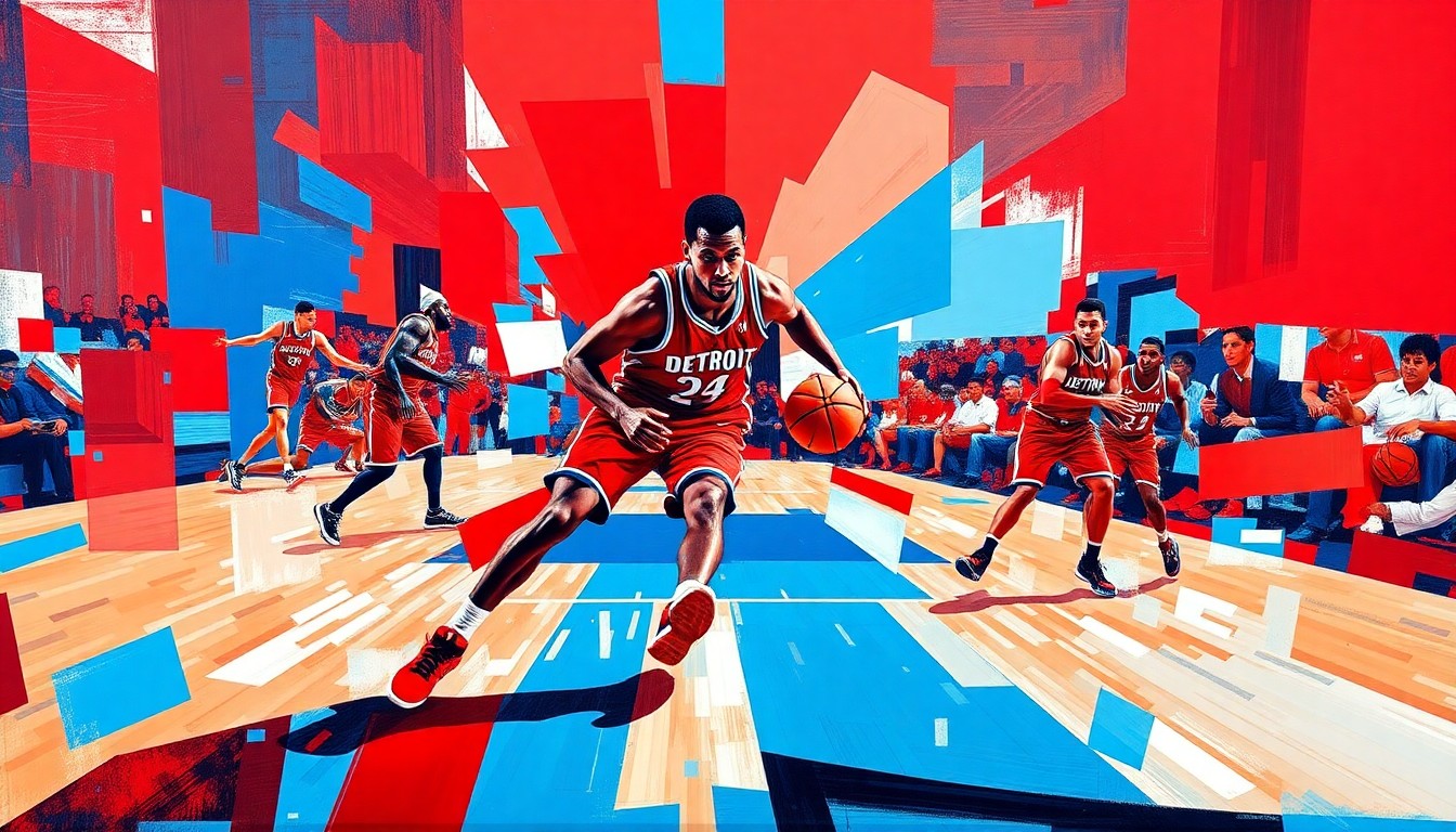 A fragmented, cubist-style painting depicting a basketball player