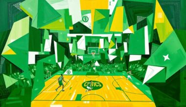 A cubist, geometric painting depicting a basketball game, with sharp, overlapping planes of green, white, and gold representing the dynamic action on the court.