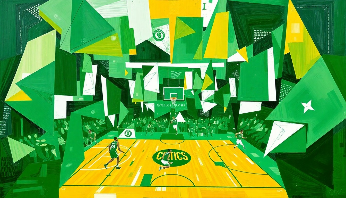 A cubist, geometric painting depicting a basketball game, with sharp, overlapping planes of green, white, and gold representing the dynamic action on the court.