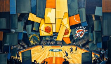 A fragmented, geometric painting depicting the dynamic action of a basketball game, with the players and court broken down into sharp, overlapping shapes and planes of color, capturing the intensity and competition of the MVP race.