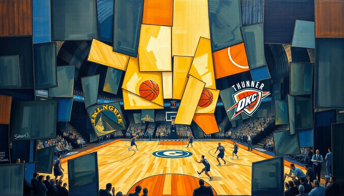 A fragmented, geometric painting depicting the dynamic action of a basketball game, with the players and court broken down into sharp, overlapping shapes and planes of color, capturing the intensity and competition of the MVP race.