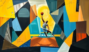 A fragmented, geometric painting depicting a basketball player in motion, with sharp planes of color and overlapping perspectives, conveying the complexity of the decision-making process surrounding AJ Dybantsa