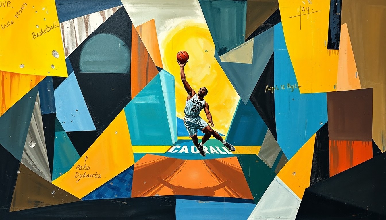 A fragmented, geometric painting depicting a basketball player in motion, with sharp planes of color and overlapping perspectives, conveying the complexity of the decision-making process surrounding AJ Dybantsa