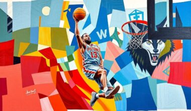 A fragmented, geometric painting in vibrant blues, reds, and greens, depicting a basketball player driving to the hoop, conceptually representing the impact of an injury on a team