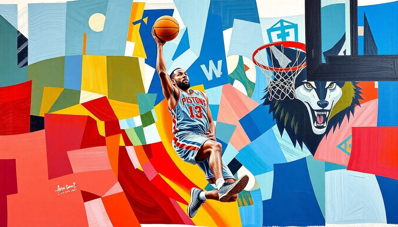 A fragmented, geometric painting in vibrant blues, reds, and greens, depicting a basketball player driving to the hoop, conceptually representing the impact of an injury on a team