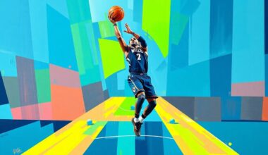 A fractured, multi-perspective painting in vibrant blues and greens, depicting the dynamic movement of a basketball player in mid-jump shot, conceptually representing the Timberwolves