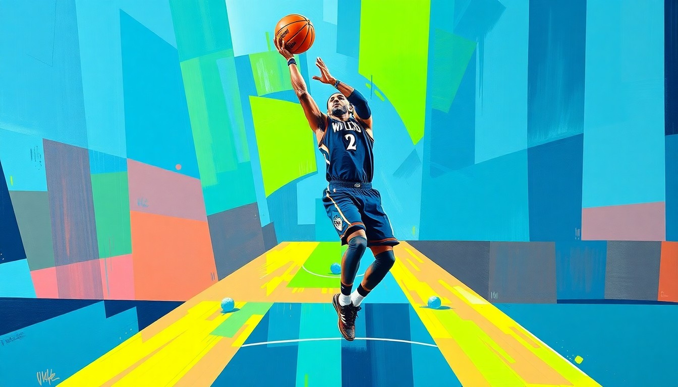 A fractured, multi-perspective painting in vibrant blues and greens, depicting the dynamic movement of a basketball player in mid-jump shot, conceptually representing the Timberwolves