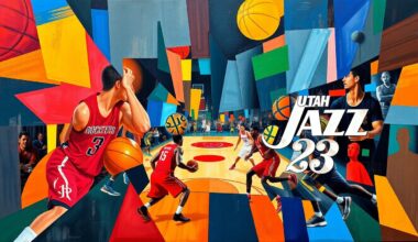 A fractured, geometric painting in vibrant colors representing the basketball game between the Houston Rockets and Utah Jazz, with sharp planes and overlapping shapes capturing the intensity of the matchup.