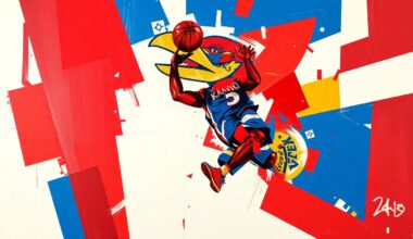 A fractured, cubist-style painting depicting the movements and actions of a basketball player, broken down into sharp, overlapping geometric shapes in the team colors of crimson red, royal blue, and white.
