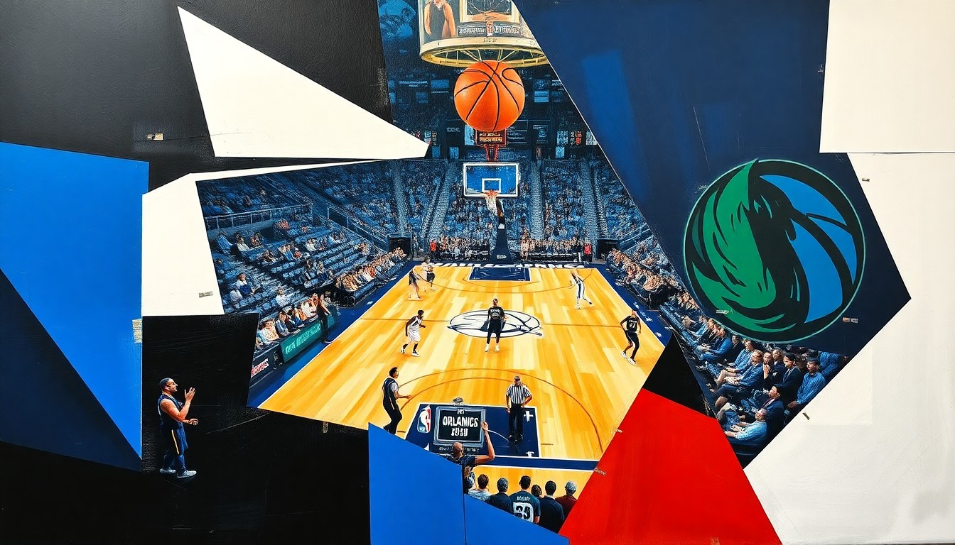 A fractured, cubist-style painting depicting the action of a basketball game between the Orlando Magic and Dallas Mavericks, with the players and court broken down into sharp, overlapping geometric shapes in the teams