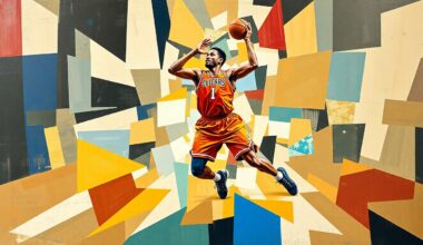 A cubist-style painting depicting a basketball player