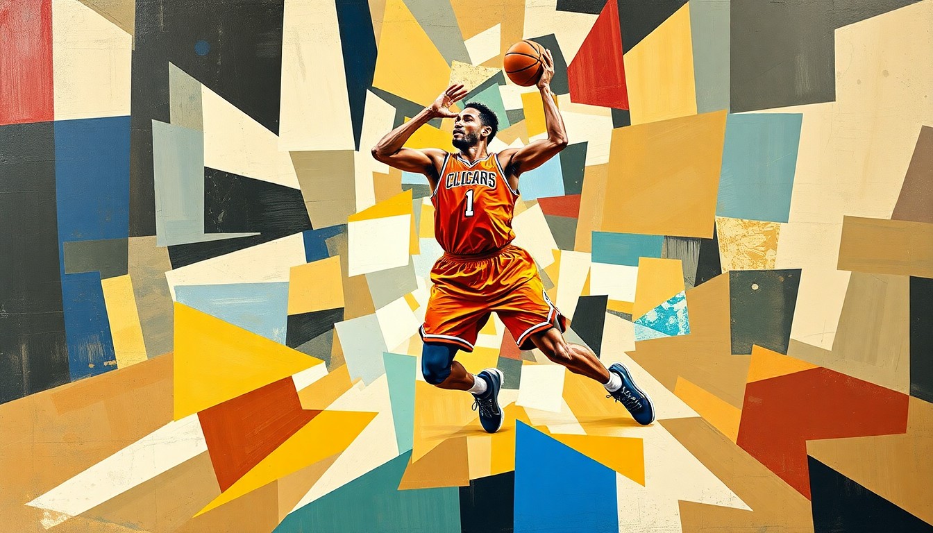 A cubist-style painting depicting a basketball player