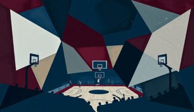 A fragmented, geometric painting in muted navy, burgundy, and grey tones, breaking down a basketball game into sharp, overlapping planes to conceptually represent the negative reaction to the Wizards