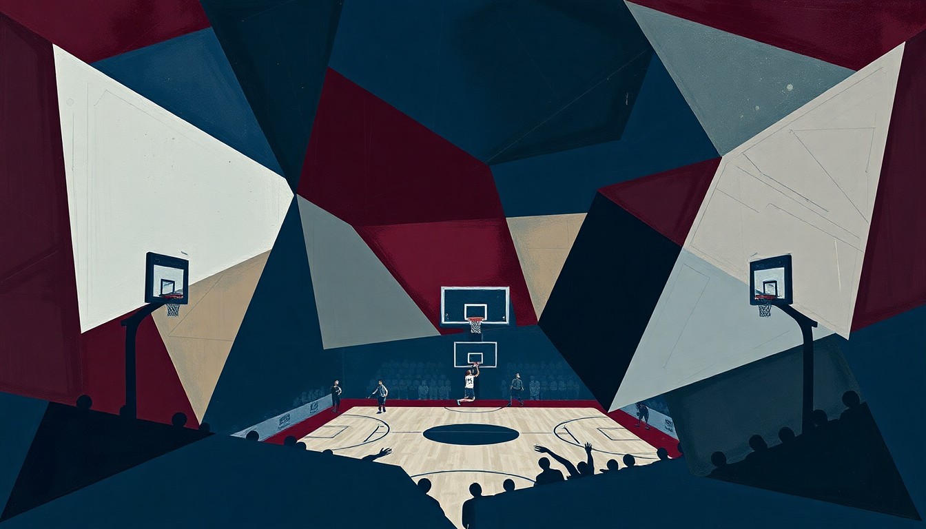 A fragmented, geometric painting in muted navy, burgundy, and grey tones, breaking down a basketball game into sharp, overlapping planes to conceptually represent the negative reaction to the Wizards