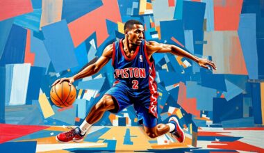 A cubist, geometric painting depicting a basketball player in motion, with sharp, overlapping planes of blue and red representing the Pistons