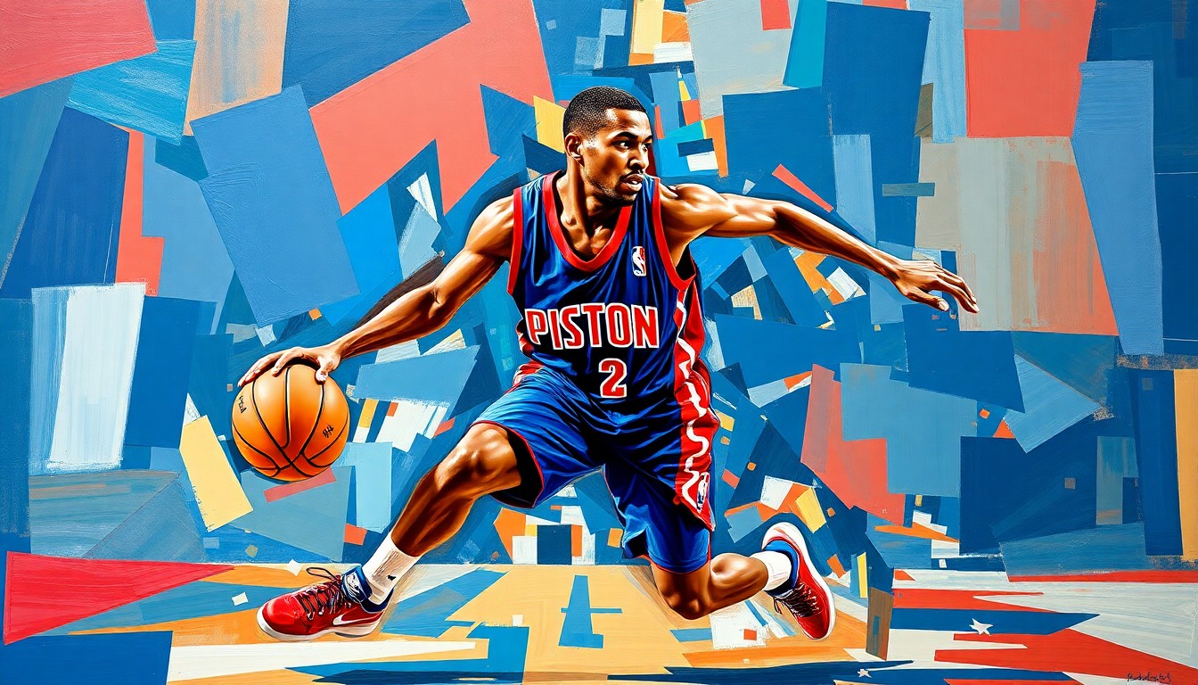 A cubist, geometric painting depicting a basketball player in motion, with sharp, overlapping planes of blue and red representing the Pistons