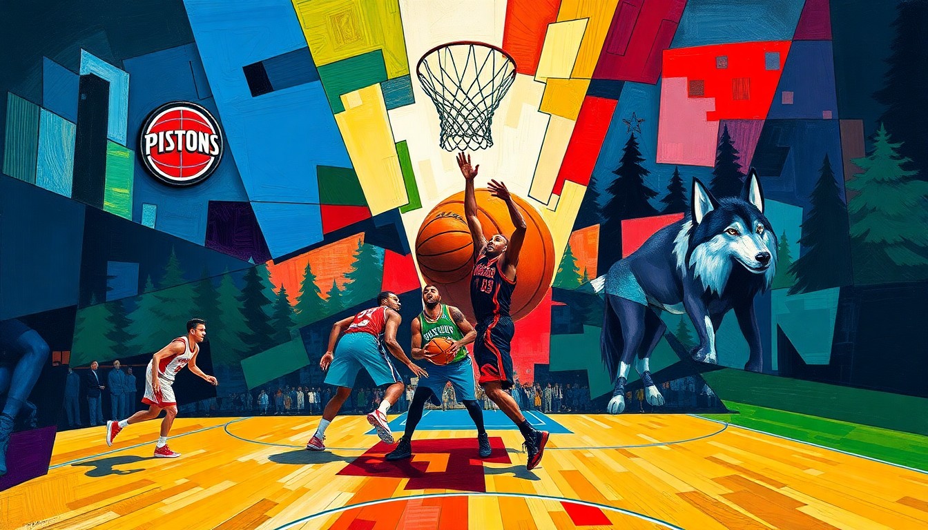 A fractured, geometric painting in bold, clashing colors representing the dynamic action of a basketball game, with no recognizable players or team logos.
