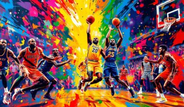 An abstract expressionist painting in vibrant neon colors, with blurred basketball player forms and dynamic brushstrokes conveying the intensity and energy of an NBA game.